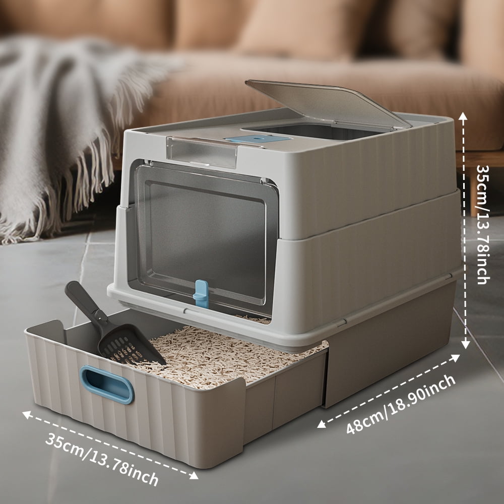Cat Litter Box, Drawer-Style Enclosed Large Odor-Control Kitty Toilet with Pull-Out Tray, for Kittens, Big Cats & Multi-Cat Homes, Gray