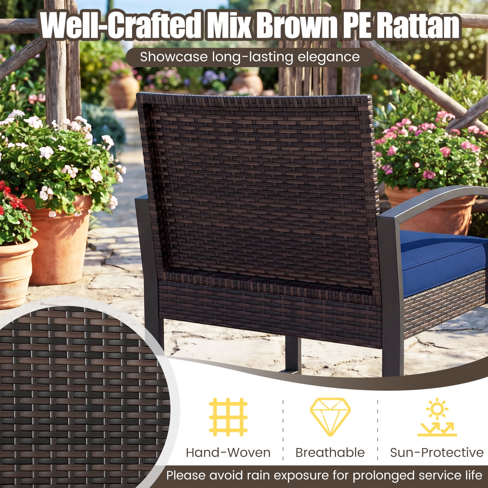 Costway Outdoor Furniture Set, Patio Rattan Conversation Set for Balcony,Porch, Backyard Mix Brown + Navy Blue