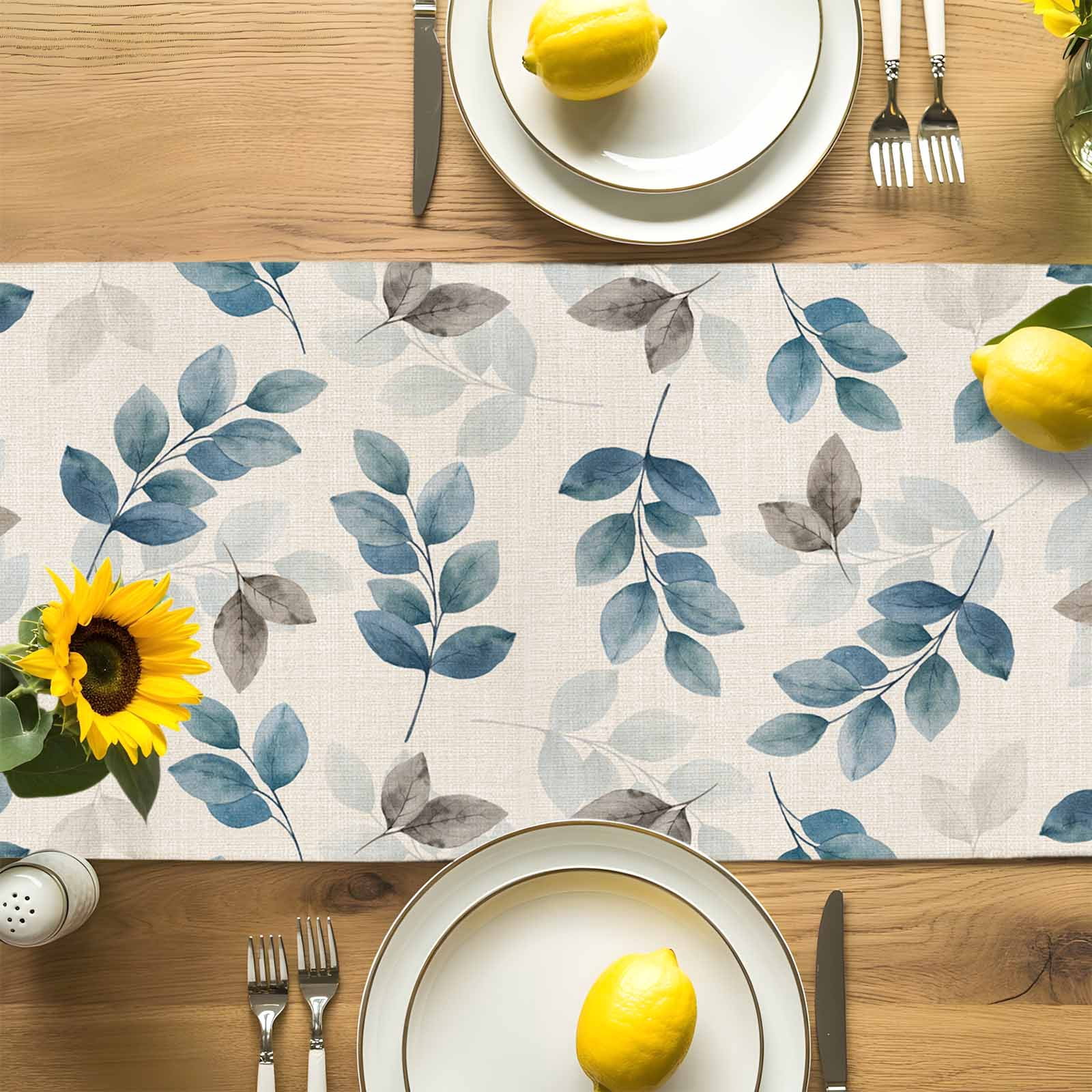 Watercolor Eucalyptus Leaves Blue Grey Table Runner 90 Inches Long, Country Botanical Retro Linen Table Runners Tabletop Scarf Kitchen Dining Tables Decoration for Home Party Indoor Outdoor