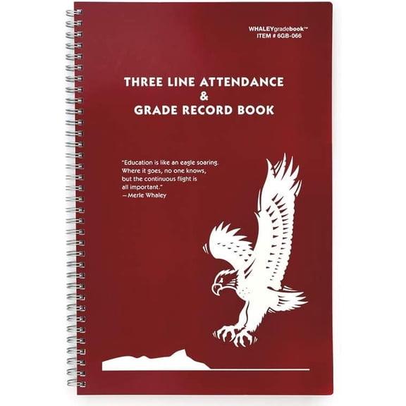 Whaley Gradebook (9 x 12 inches) 3 Line Grade And Attendance Record Book, 20 Student Lines, Six 8-Week Sessions (6GB-066)