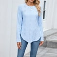 thumbnail image 2 of HomeDM Womens Long Sleeve Shirts Trendy Solid Color Basic Crewneck Tee Fall Tops with Side Split Casual Workout Curved Hem T-Shirts - Light Blue/L, 2 of 8