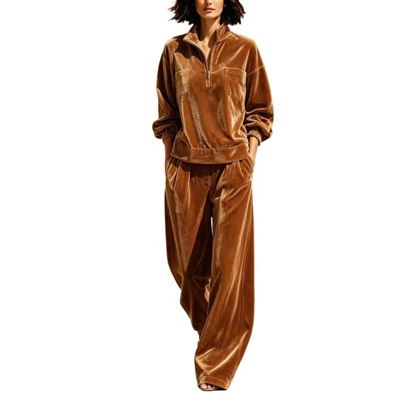 CIENVNSTG Sweatsuit Set For Women Velvet Half Zip Stand Collar Long Sleeve Sweatshirt And Wide Leg Pants With Pockets Tracksuit Set L