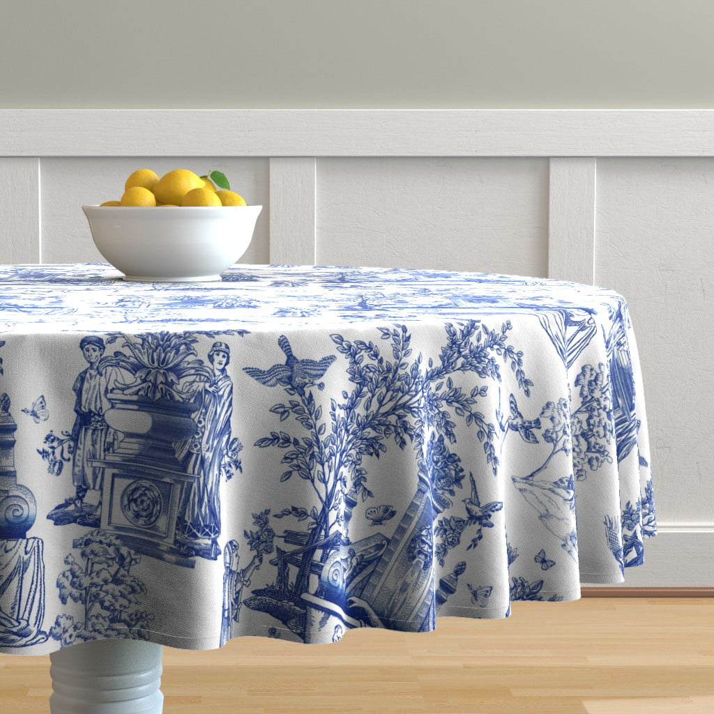 Round Tablecloth Eclectic Toile Blue White Asian Indigo And Floral Cotton Sateen 