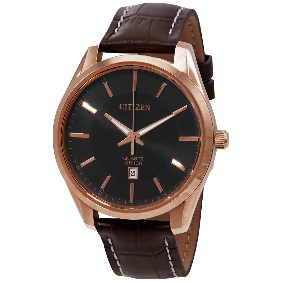 NWT Citizen Quartz Black Dial Dark Brown Leather Men\'s Watch Vintage New Citizen Tank Exotic Black linen dial with Date  main image 4