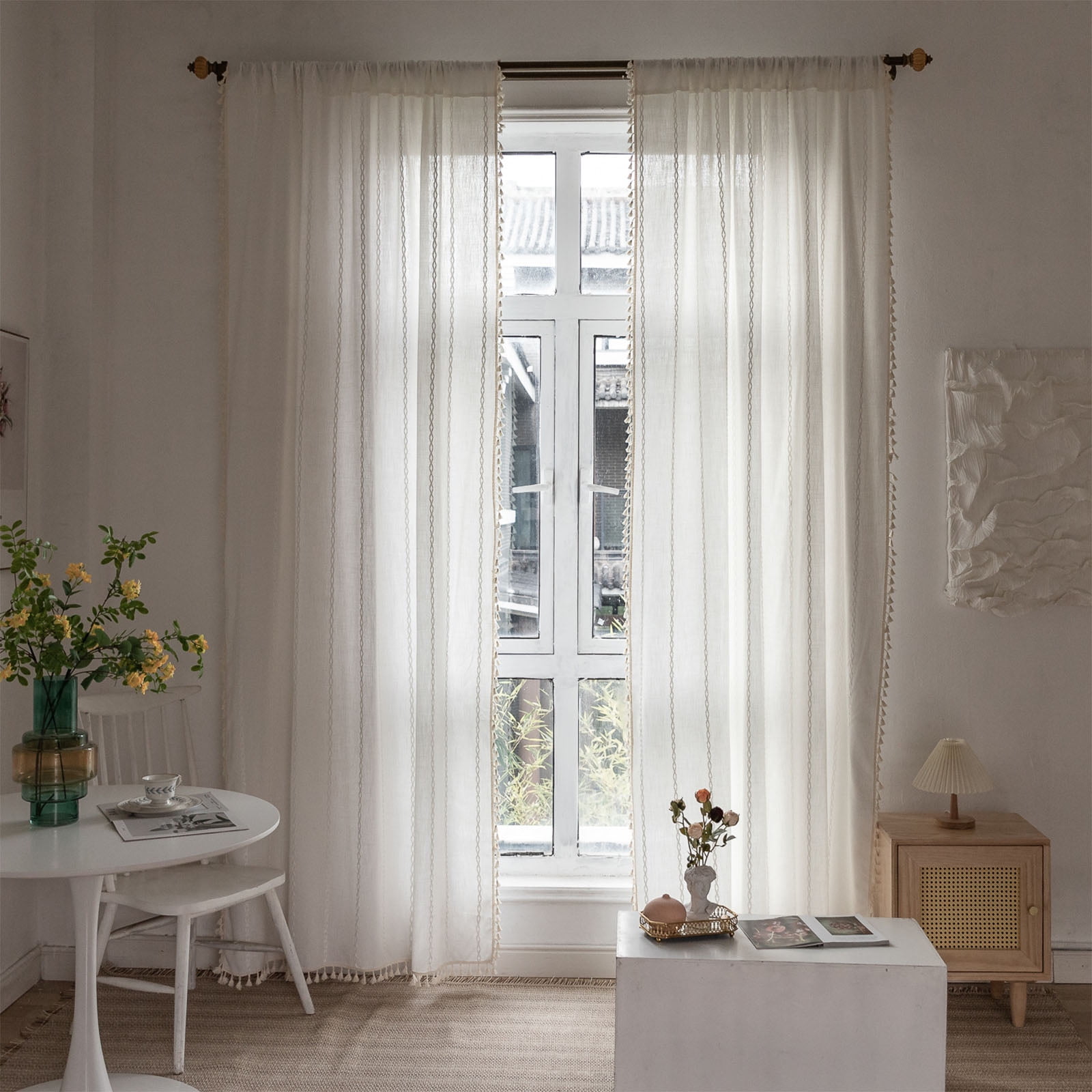 NixiYa Linen Curtains White Boho Curtains Semi-Blackout Window Curtains Rod Pocket Drapes 52 x 84 inches 1 Pannel