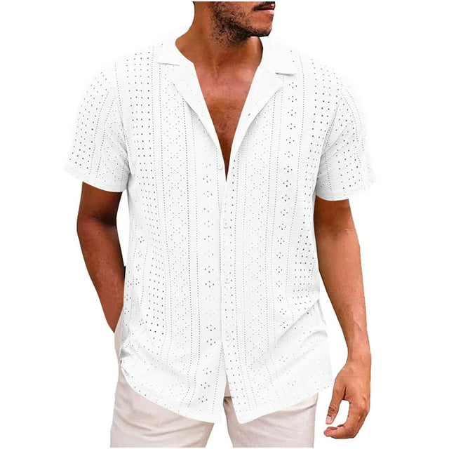 Playeras Elvqul de Hombre Elástica Casual Estampilla Blanco Manga Corta con Solapa Botones