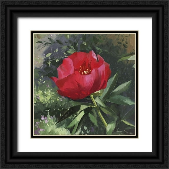 Strube, Ling 15x15 Black Ornate Wood Framed with Double Matting Museum Art Print Titled - Peony