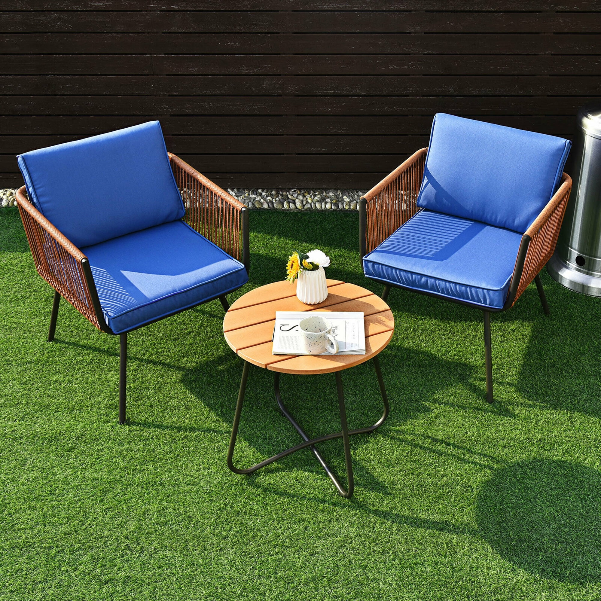 Gymax Blue 3PC Patio Birsto Furniture Set Cushioned Sofa Armrest Coffee Table