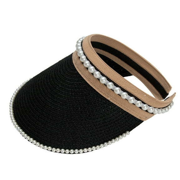 55-58cm hat circumference hat female summer pearl empty top sun hat anti-ultraviolet sun hat big brimmed sun hat - black