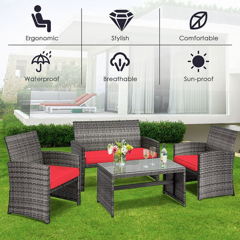 Costway 8PCS Patio Rattan Furniture Set Glass Table Top Cushioned