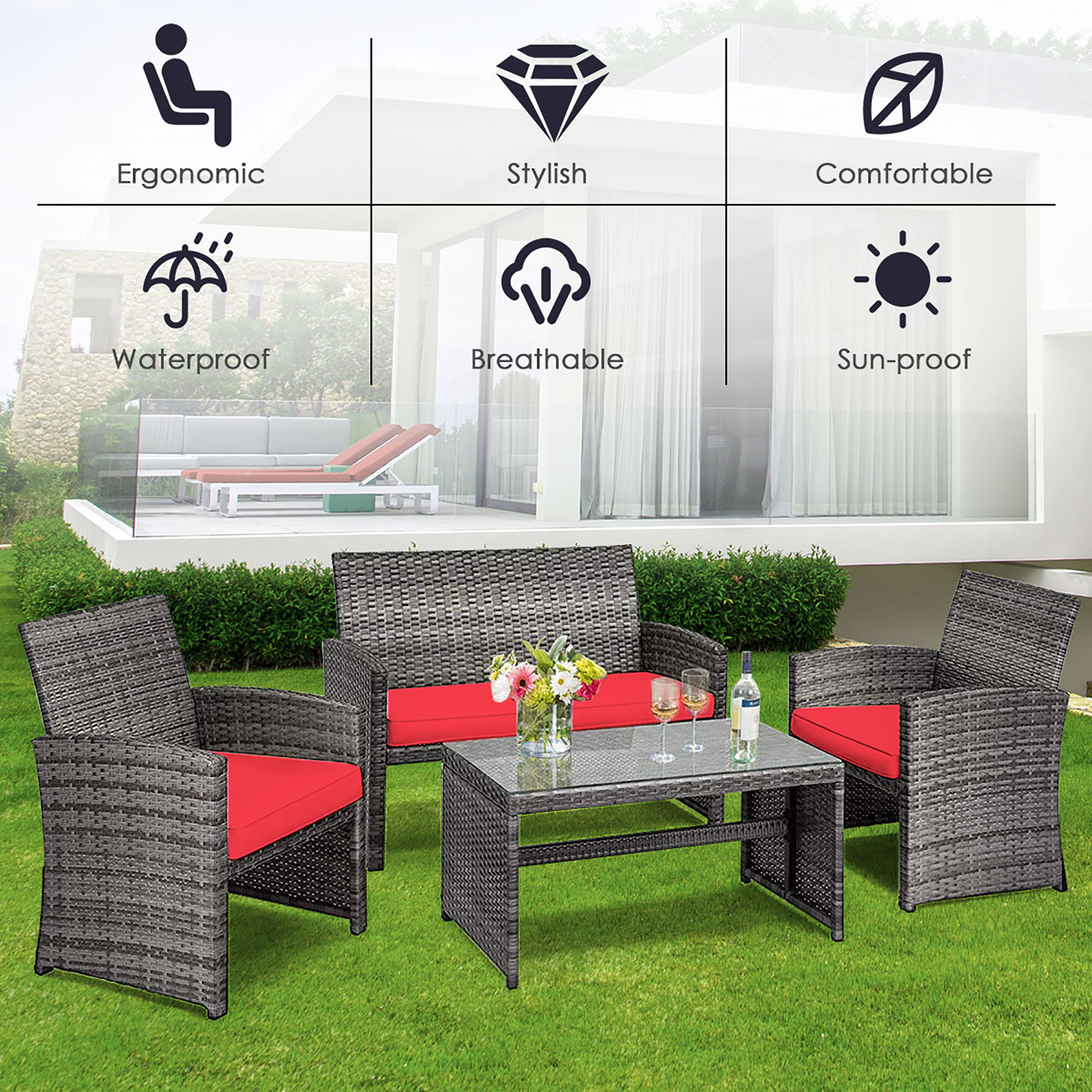 Costway 4PCS Patio Rattan Conversation Glass Table Top Cushioned Sofa Red - image 9 of 10