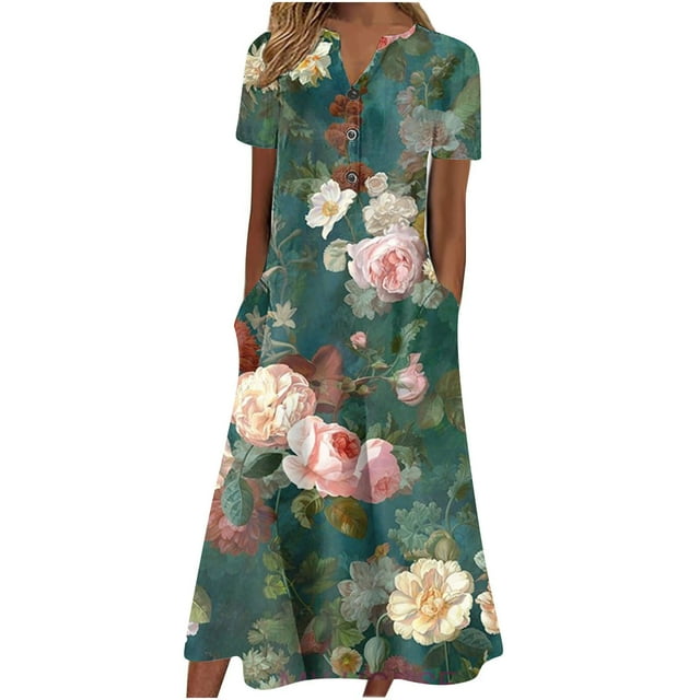 Cameland Robe d'Été pour Femme Décontractée à Col en V avec Boutons, Manches Courtes, Imprimée, Coupe Évasée, avec Poche