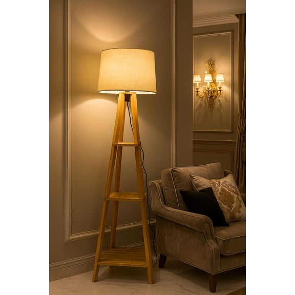 Tripod Floor Lamp with Wooden Shelf, Modern Standing Lamp with Beige Fabric Shade, Solid Wood Base, Space-Saving Floor Light for Living Room, Bedroom & Office