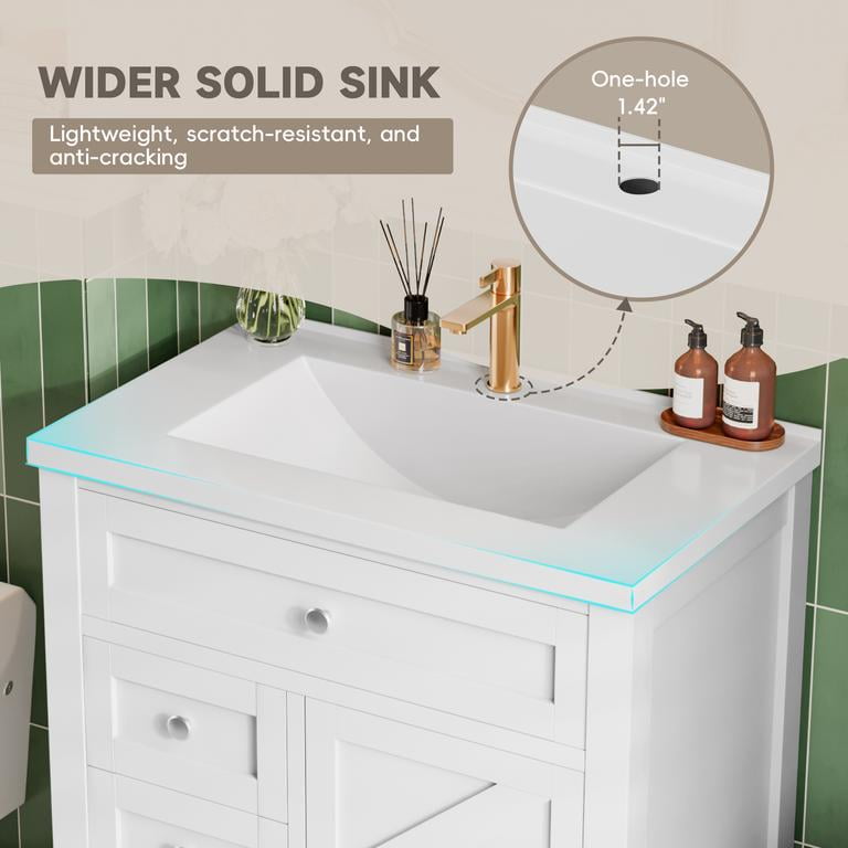 Lacoo 30'' Bathroom Vanity with Resin Sink, Wood Bathroom Storage Cabinet with Drawers and Shelves for Bathroom, White