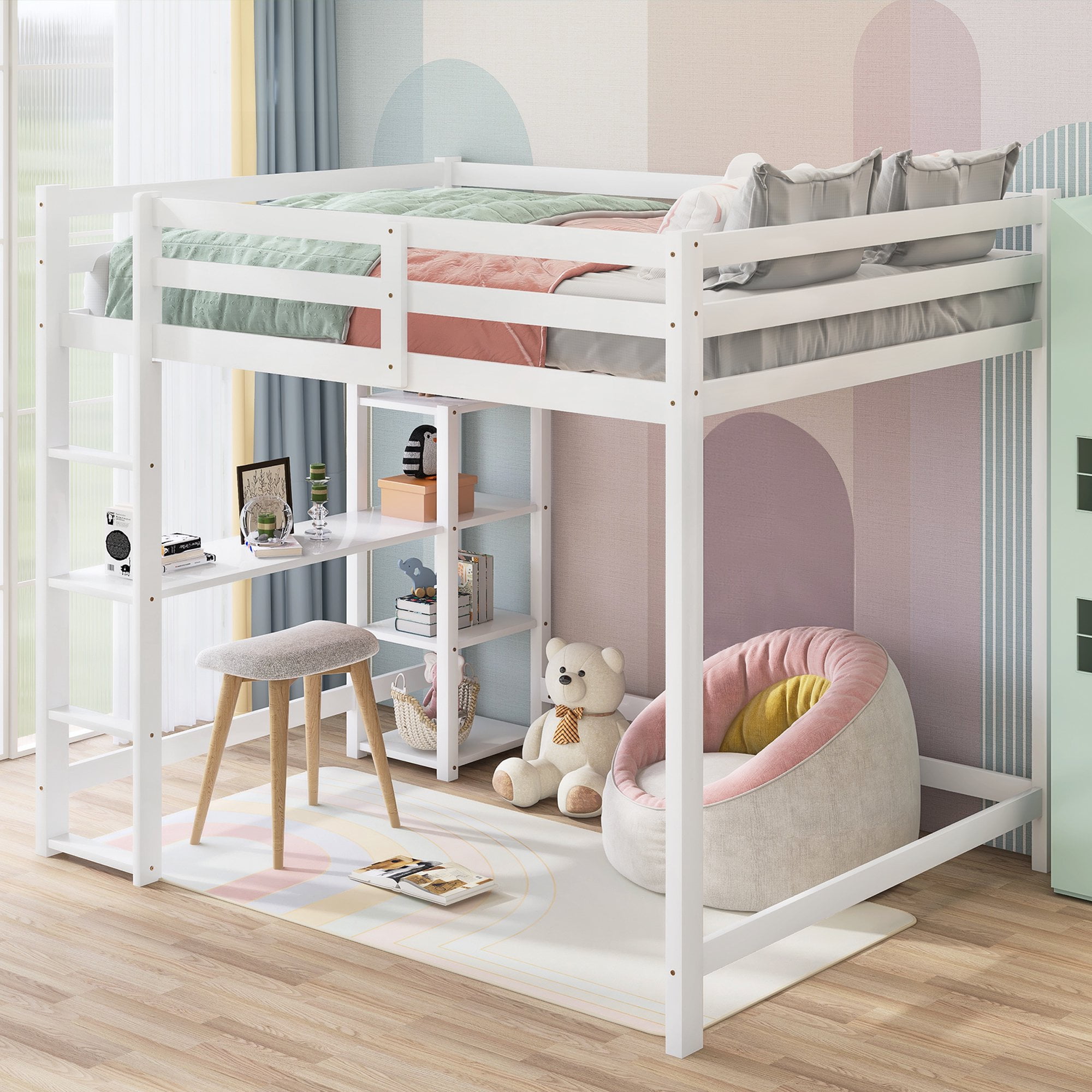 AFMAT Full Loft Bed with Builtin Desk and Shelves, White