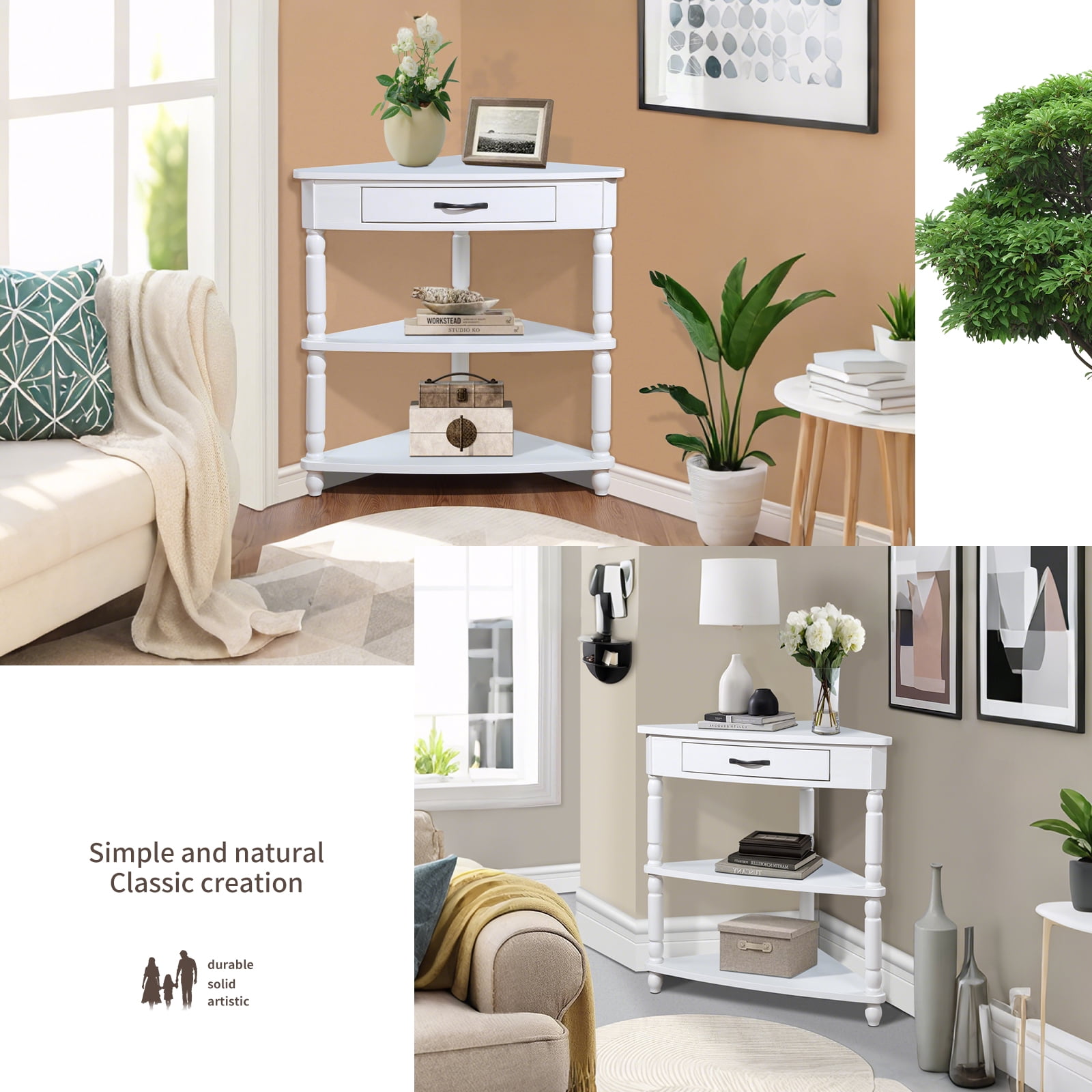 3-Tier Corner Shelf Unit for Small Spaces - Triangular Storage Rack with Solid Wood Legs, Multi-Functional Apartment & Living Room Furniture, Easy Assembly (Milk White)