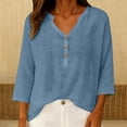 thumbnail image 3 of MVRLSH Womens Tops Shirts Blouse Casual 3/4 Sleeve V Neck Button Solid Plus Size Breathable Summer Top Loose Fit Linen Blouses Blue - XXXXL, 3 of 7