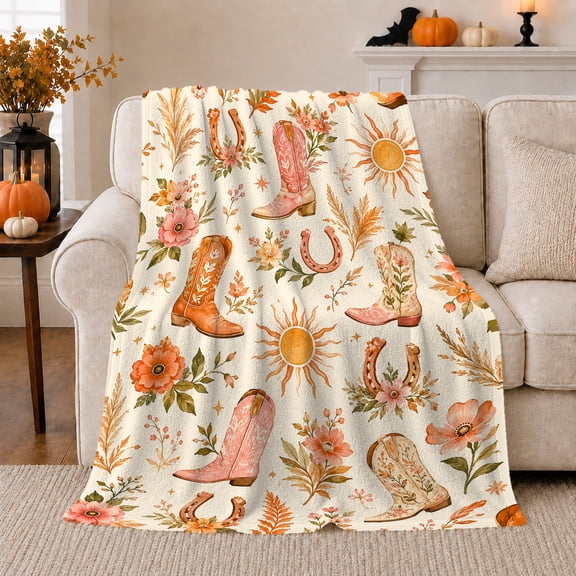 Western Watercolor Floral Boot Horseshoe Ranch Pattern, Festive Holiday Scene, Warm Flannel Blanket for Ranch House and Living Room, Horse Lovers Christmas Gift, Rustic Home Decor