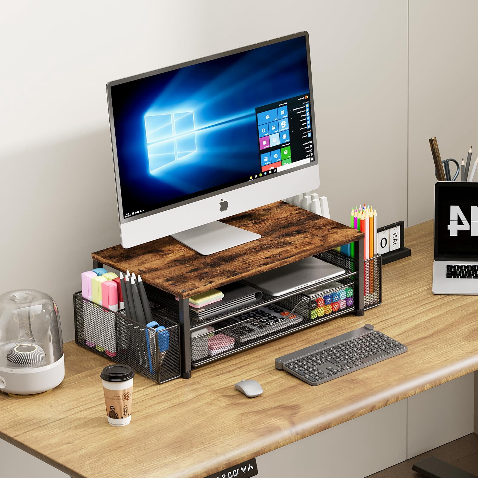 Wood Desk Organizers And Accessories  2-tier Computer Monitor Stand Riser With Drawer 2 Pen Holders Laptop Office For Supplies Brown