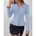 thumbnail image 4 of BTFBM Fitted Button Down Shirts for Women Dressy Casual Tops | Collar V Neck Long Sleeve Ruched Tops, Stretchy Ruffle Blouses, Fall Fashion Clothing, Work Date Night Going Out Outfits, 4 of 7