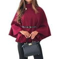 thumbnail image 3 of Ponchos con Mangas de Murciélago para Mujer, Abrigo Tipo Guisante, Cuello Alto, Capa, Chaqueta, Elegante Abrigo de Lana con Cinturón. Vino Tinto S, 3 of 7