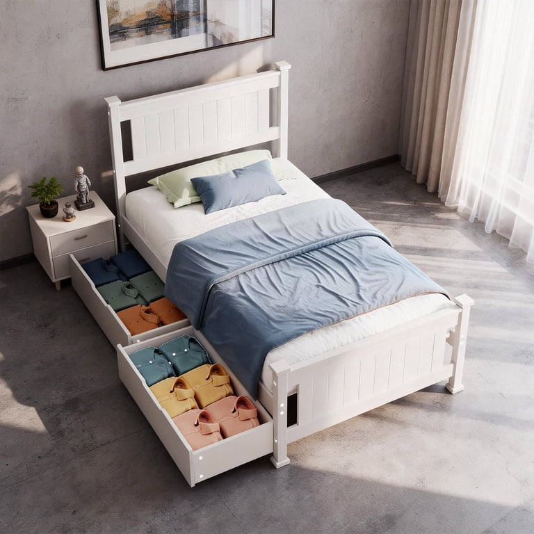 Zimtown Twin Bed Frame,Solid Pine Wood Platform Bed Frame with 2