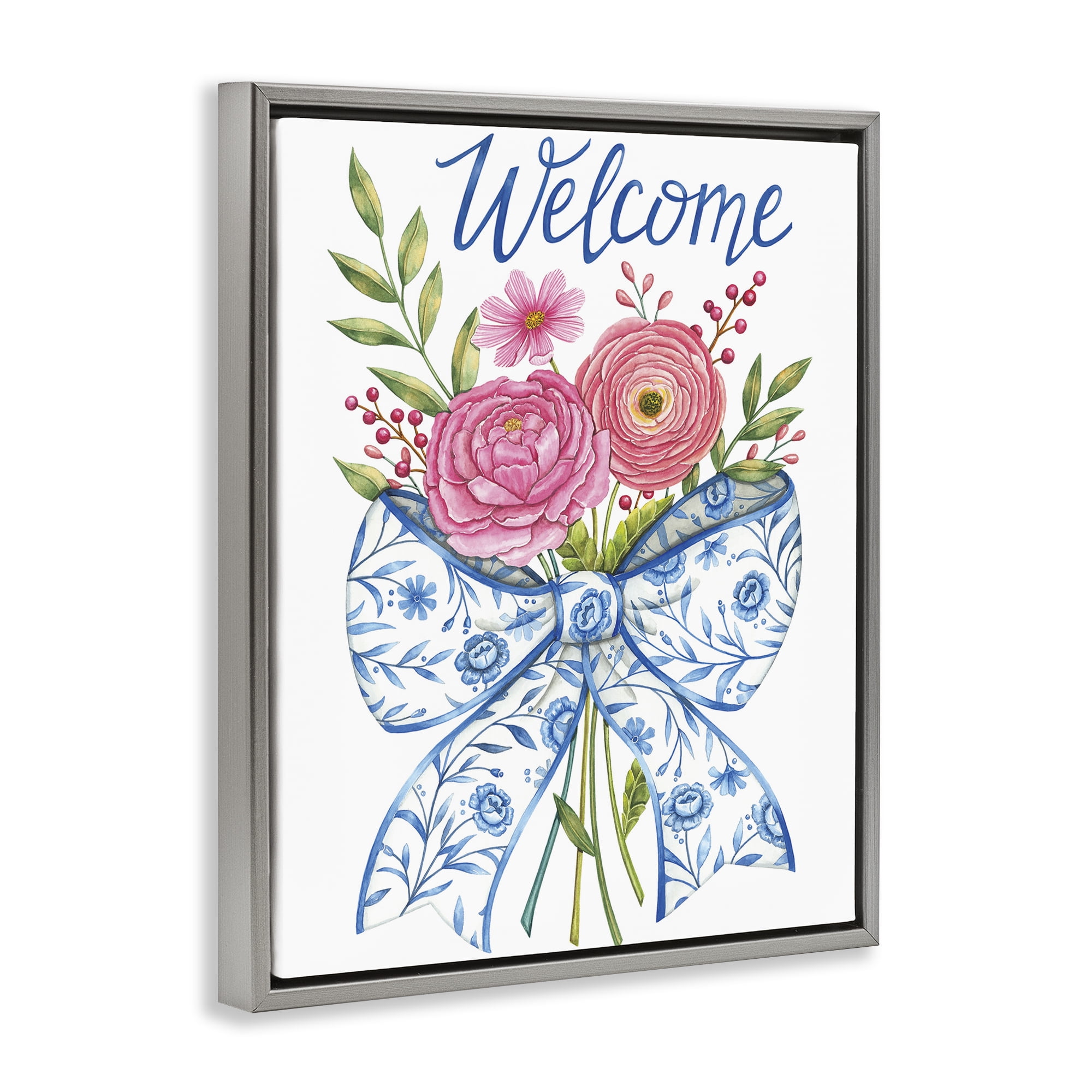 Stupell Industries Bow & Flowers Welcome Gray Framed Floater Canvas Wall Art, design by Deb Strain