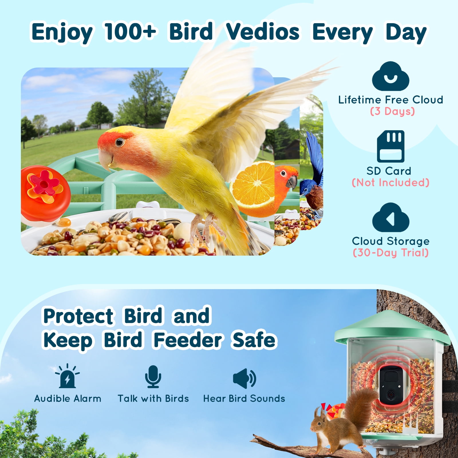 KFFKFF Intelligent Bird Feeder Camera, 2K HD, Solar-Powered, Recognizes Over 10,000 Species, Automatic Photo Capture & Alerts, Ideal Outdoor Gift for Bird Enthusiasts, Includes 2 Solar Panels