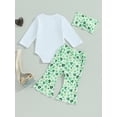 thumbnail image 3 of Baby Girl St. Patricks Day Outfits 3 6 9 12 18 Months Clover Print Romper Onesie Flared Pants Headband 3Pcs Spring Fall Clothes, 3 of 7