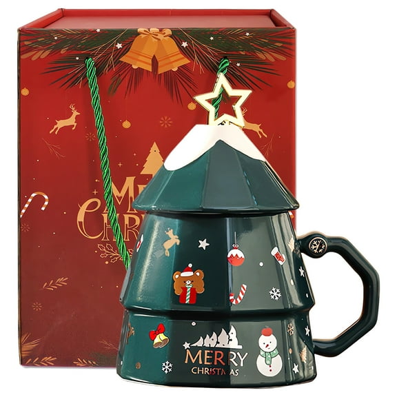 Christmas Tree Shape Mug with Lid & Spoon - 12oz Holiday Coffee Cup, Festive Holiday Xmas Tea Hot Cocoa Cup, Merry Christmas Gift for Family, Friends, Colleagues (Green)