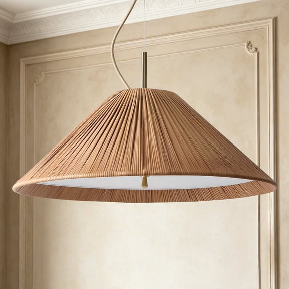 Rattan Pendant Light with Antique Brass Finish and Handwoven Shade, Low-Profile Round Fixture for Dining Room, Living Room, Bedroom, Entryway, Foyer