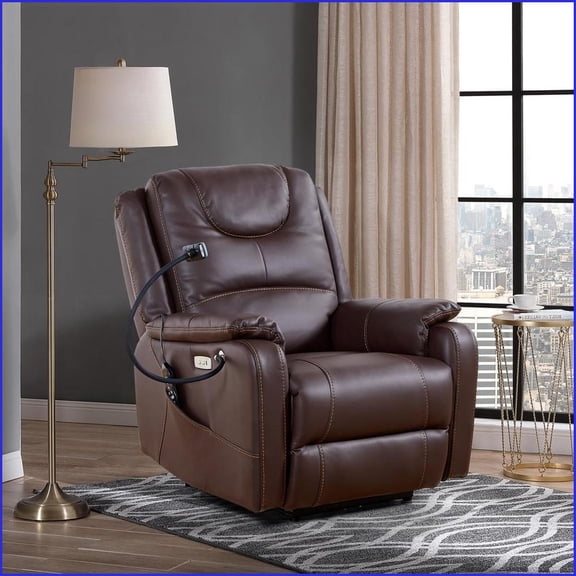 Recliners Zero Gravity Power Recliner with Massage, Heating, USB Ports | Brown Bonded Leather