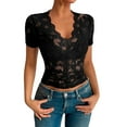 thumbnail image 2 of Summer Oversized Tshirts For Women Casual One Necked Shoulder Exposed Leaf Lace Short Sleeved Women's Blouses Black Tee Tops S-2XL, 2 of 8