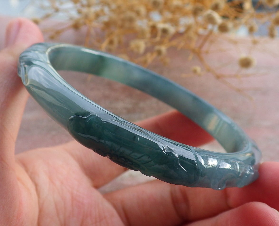 Icy Lavender Green Natural A JADE Jadeite Bat Ruyi Bamboo Bangle Bracelet 58 mm 683932 T