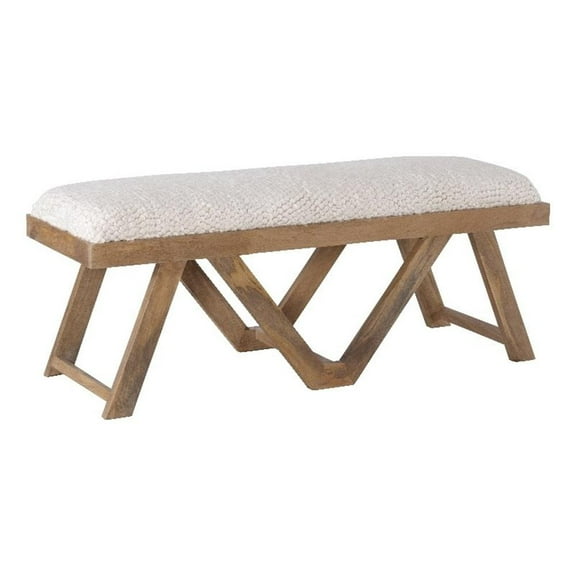 Linon Bryn Sturdy Rustic Wood Bench with White Shaggy Handwoven Cushion in Brown