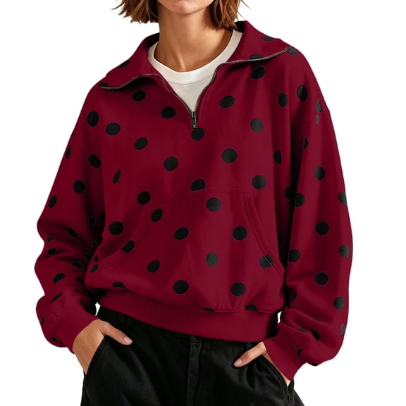 Vivianyo HD Women's Polka Dot Half Zip Collared Sweatshirt, Boxy Long Sleeve Pullover with Pockets, Fall Printed Top for Casual Meetups and Errands, Sizes S-3XL