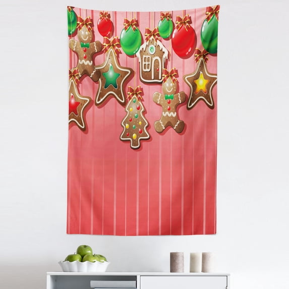 Gingerbread Man Tapestry, Christmas Cookies and Baubles Bowties Symbolic Pastry Design, Fabric Wall Hanging Decor for Bedroom Living Room Dorm, 5 Sizes, Multicolor, by Ambesonne