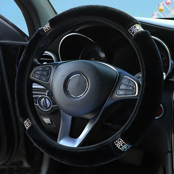 Steering Wheel Cover for Winter Warm, Fluffy Pure Australia Sheepskin Wool, with Bling Bling Crystal Rhinestones for Women Girls, Universal 15 inch (Black)