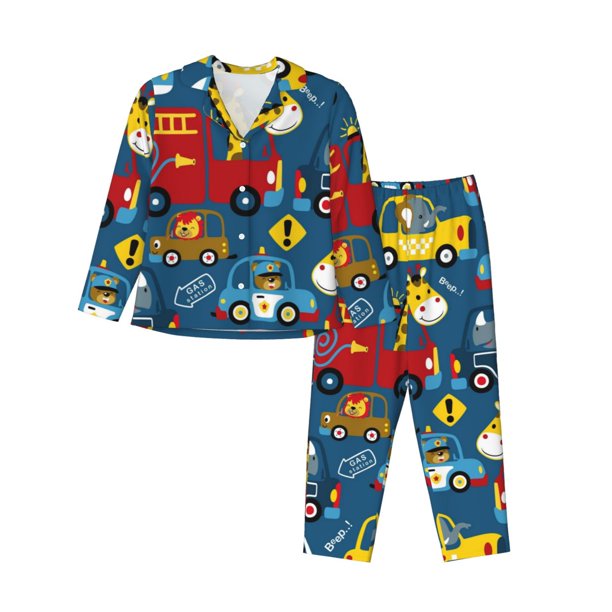 Fotbe Vehicles Cartoon with Funny Drivers Conjunto de Pijama de Manga Larga para Mujer con Estampado, Ropa de Dormir de 2 Piezas, Conjunto de Casa Suave y Cómodo con Bolsillos-Small
