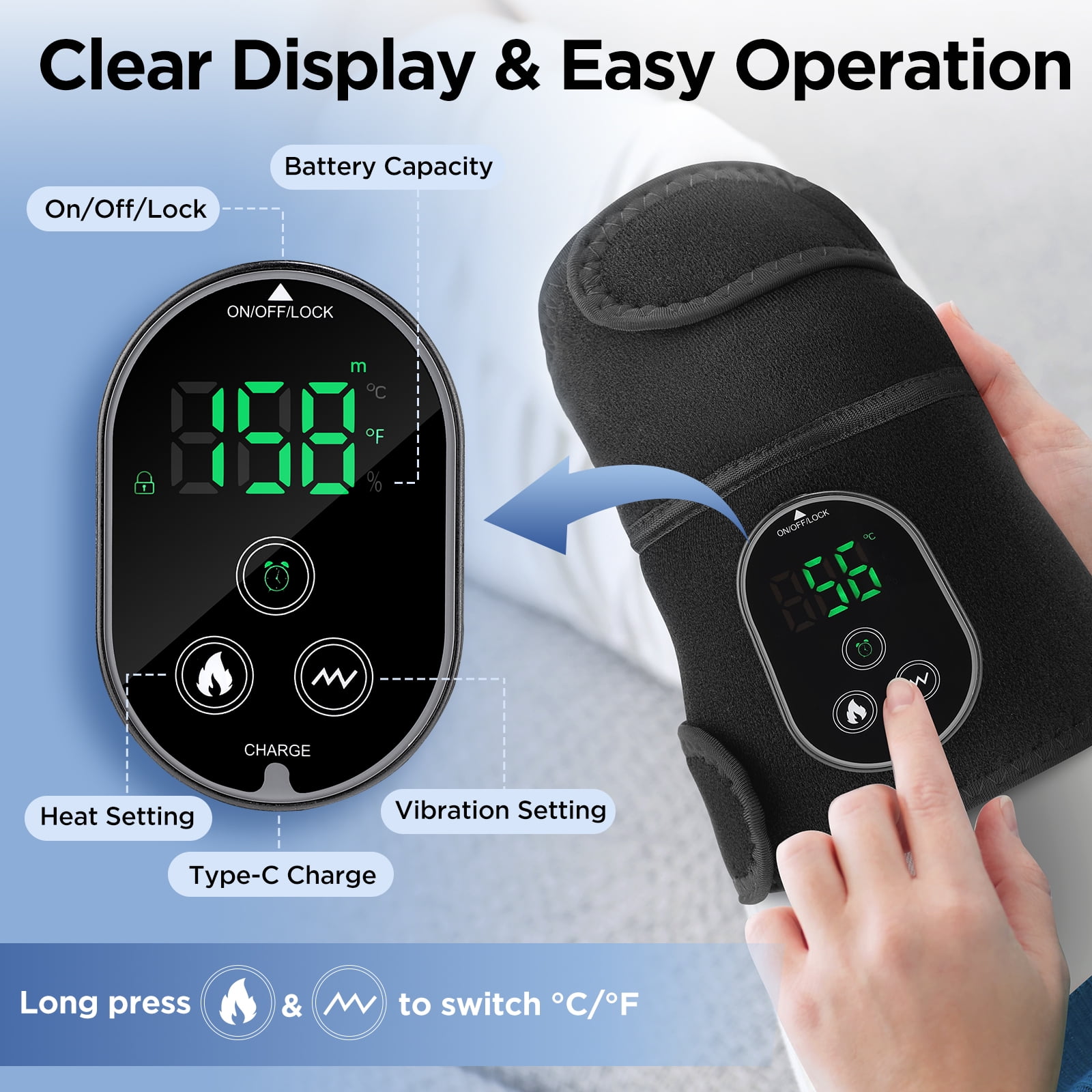 Cordless Heated Knee Massager, 3 in 1 Knee Massager with Heat and Vibration, Portable Electric Massage Knee Heating Pad for Elbow Shoulder Brace Wrap, 3 Vibration Heat, LED Display