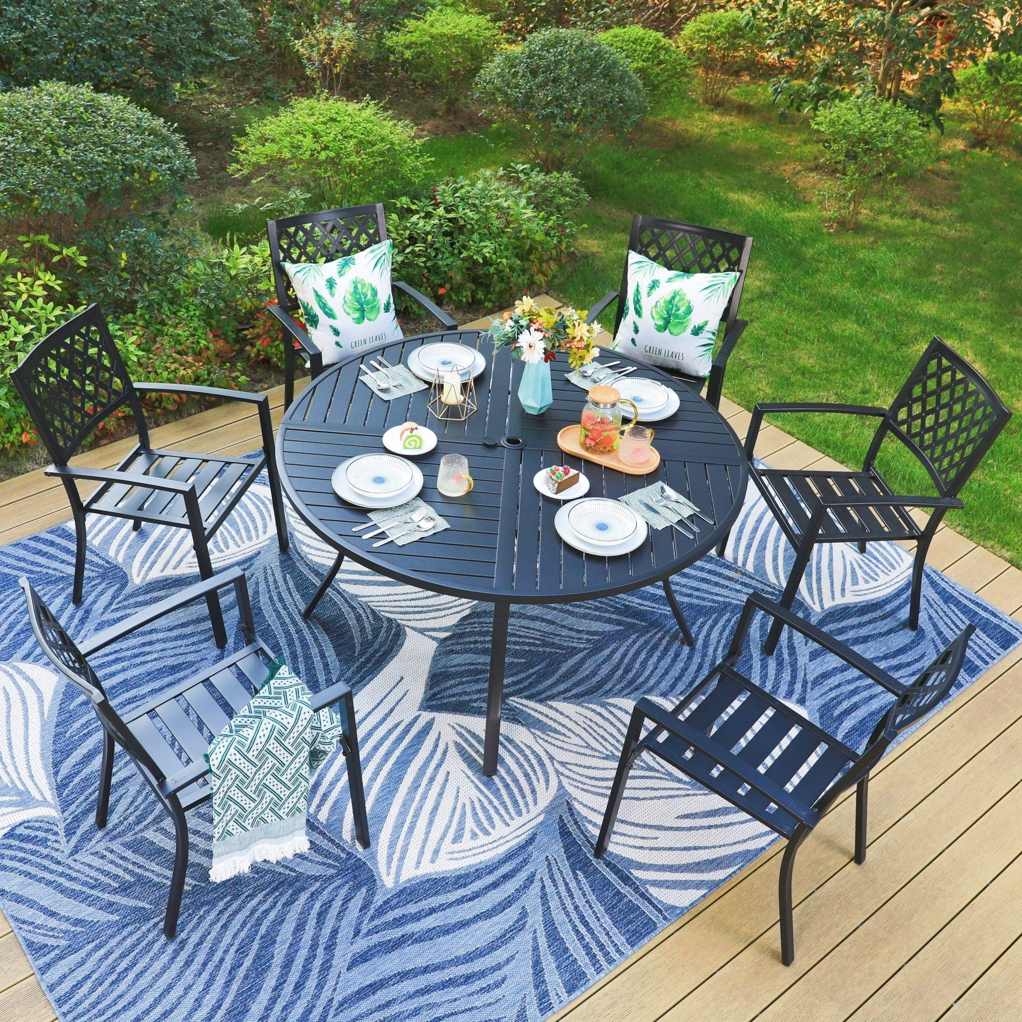 Better Homes Gardens Tarren 6 Piece Steel Outdoor Dining Set with 4 Chairs Bench Table and Cushions Gray Tan Walmart