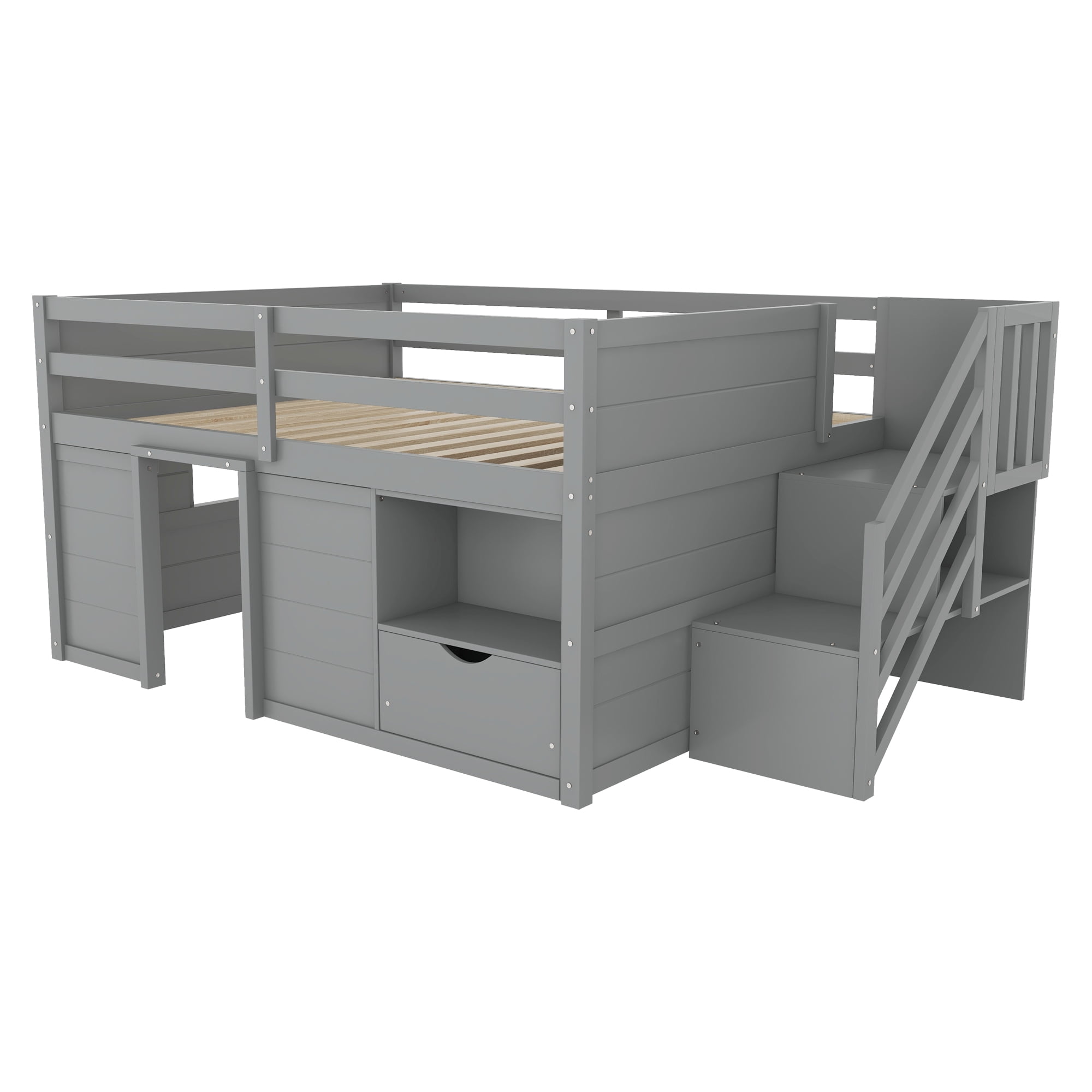 Leumius Full Size Loft Bed with Storage Stairs and Storage Drawers,Solid Wood Bed Frame with Large Under-Bed Space,Gray