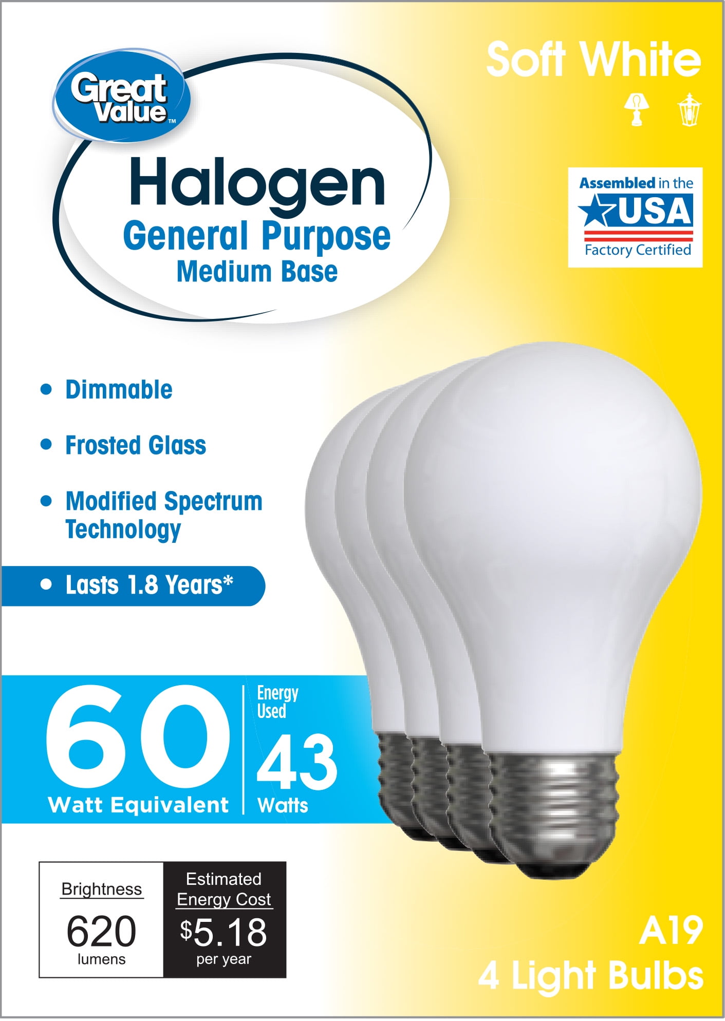 Great Value Halogen Light Bulbs, 60 Watt, Soft White, A19 General Purpose, 12pk