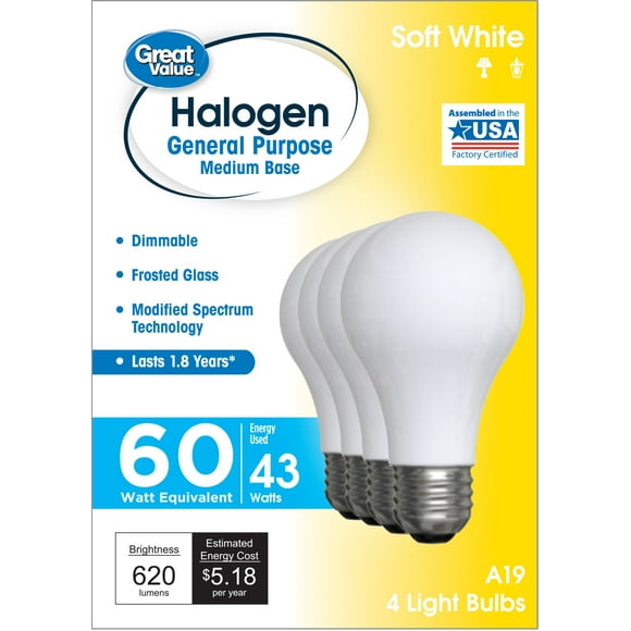 Great Value Halogen 100W Soft White Color, 1.8 Year Life, E26 Medium Base, Dimmable, 12pk Light Bulbs