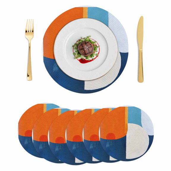 Blue Burnt Orange Round 15 Inch Placemats Set of 6, Modern Oil Painting Geometric HeatResistant Non Slip Place Mats for Dining Table, Wipeable Braided Kitchen Table Mats for Housewarming