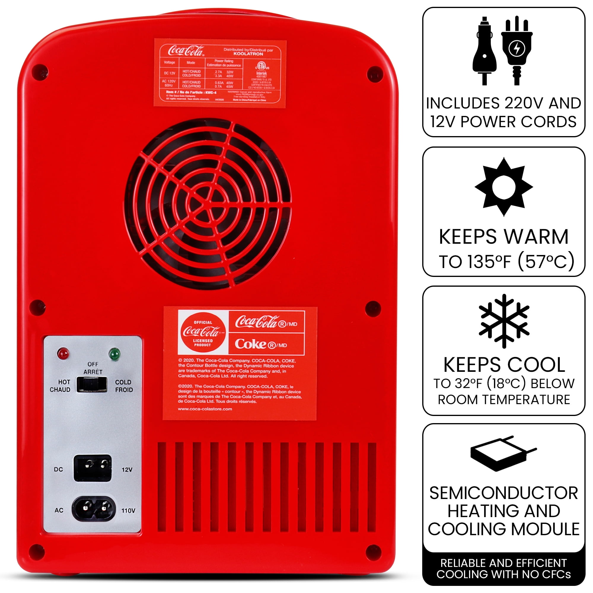 Coca-Cola Polar Bear 4L Mini Cooler Warmer 12V DC and 110V AC Cords, 6 Can Portable Mini Fridge, Personal Travel Refrigerator for  Desk Home Office Dorm, Red