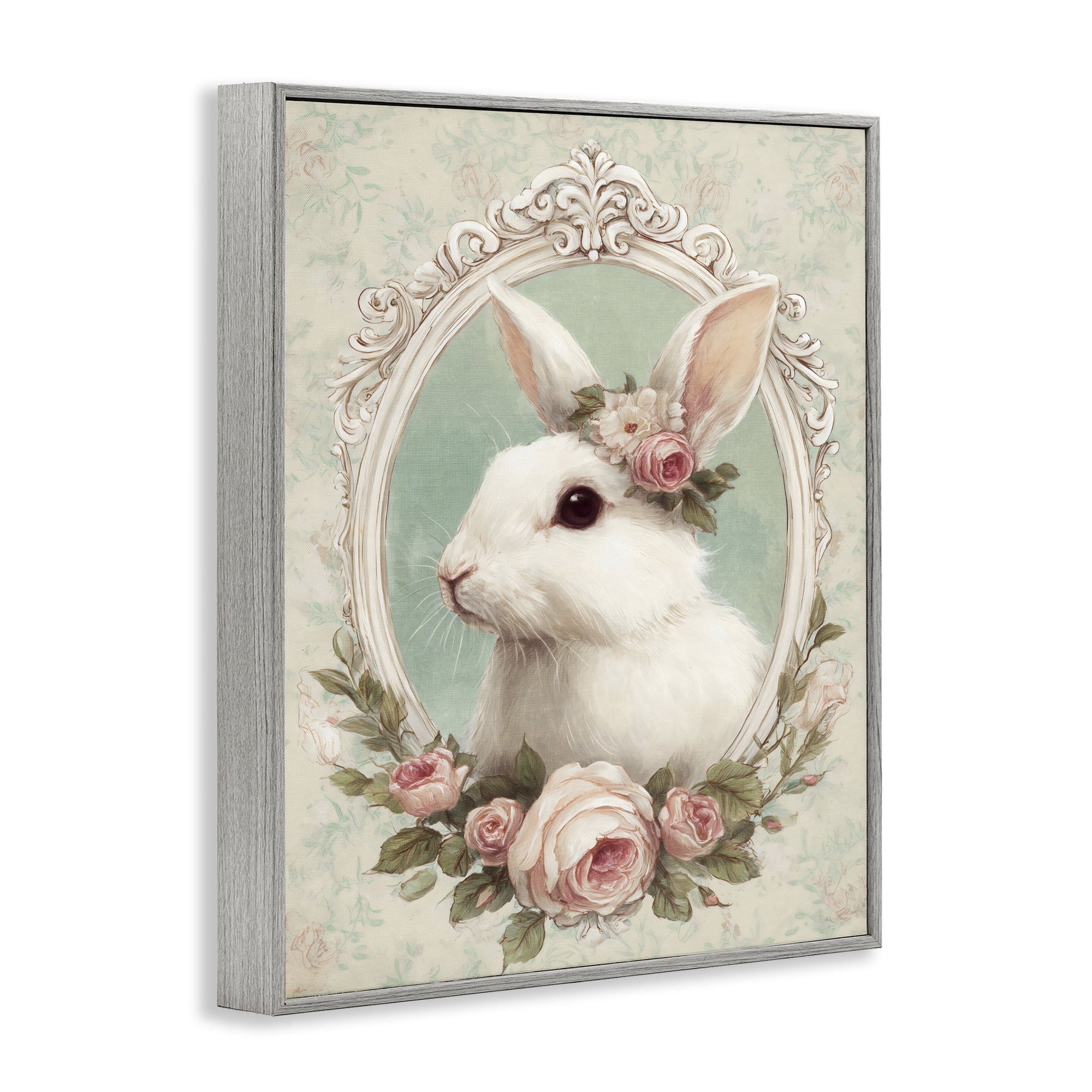 Stupell Industries Flower Fringed Bunny Portrait Gray Framed Giclee Art, design by Ink Drop Loft