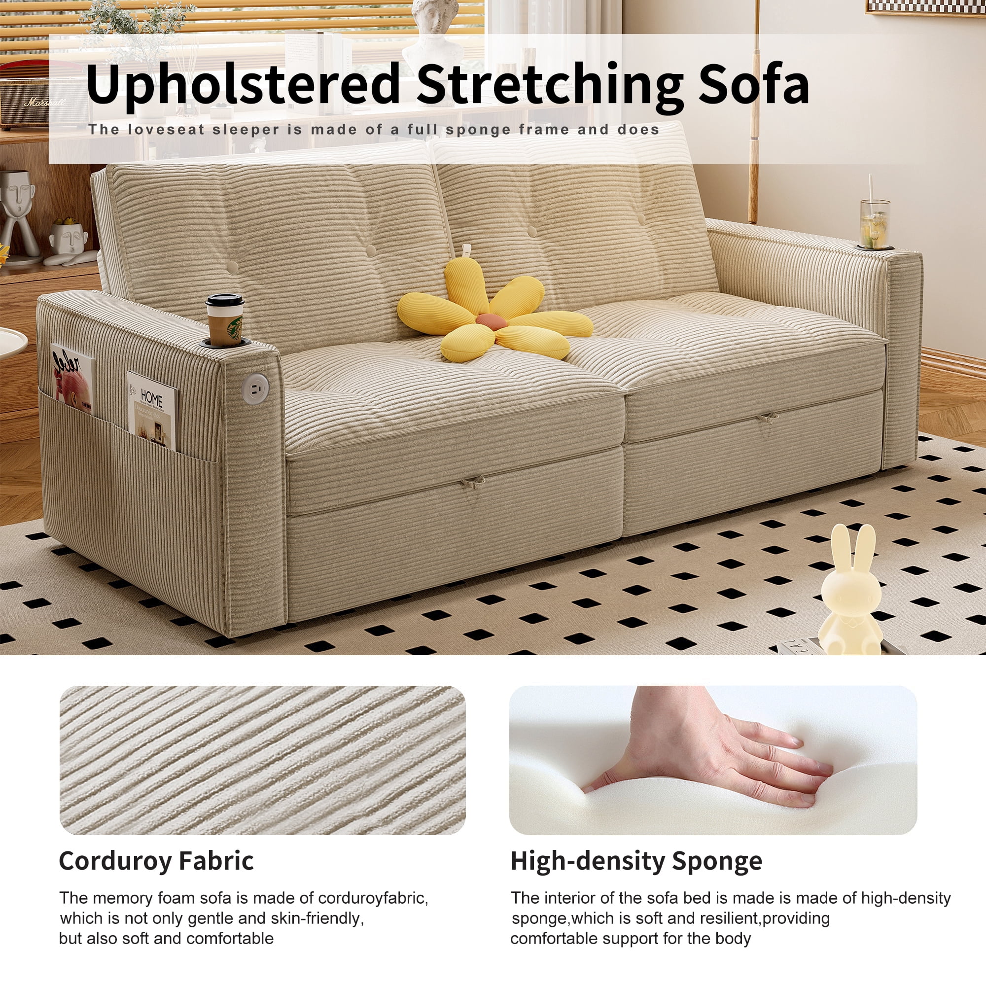 3-in-1 Multi-Functional Sleeper Sofa Bed, Upholstered Corduroy Convertible Loveseat Lounge, Indoor Daybed for Living Rooms/Bedrooms