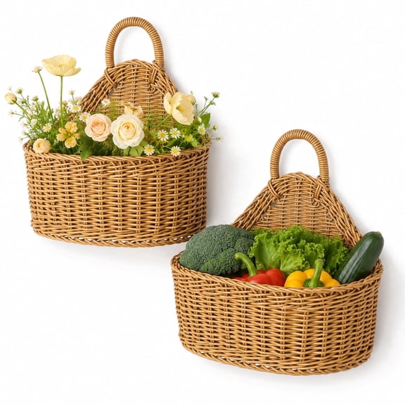 2‑Pack Plastic Woven Hanging Baskets – Rustic Bohemian Wall‑Mounted Decorative Storage Basket, Space‑Saving Organizer for Kitchen, Living Room & Pantry, 7.5" x 3.9" x 8.3", PP Material
