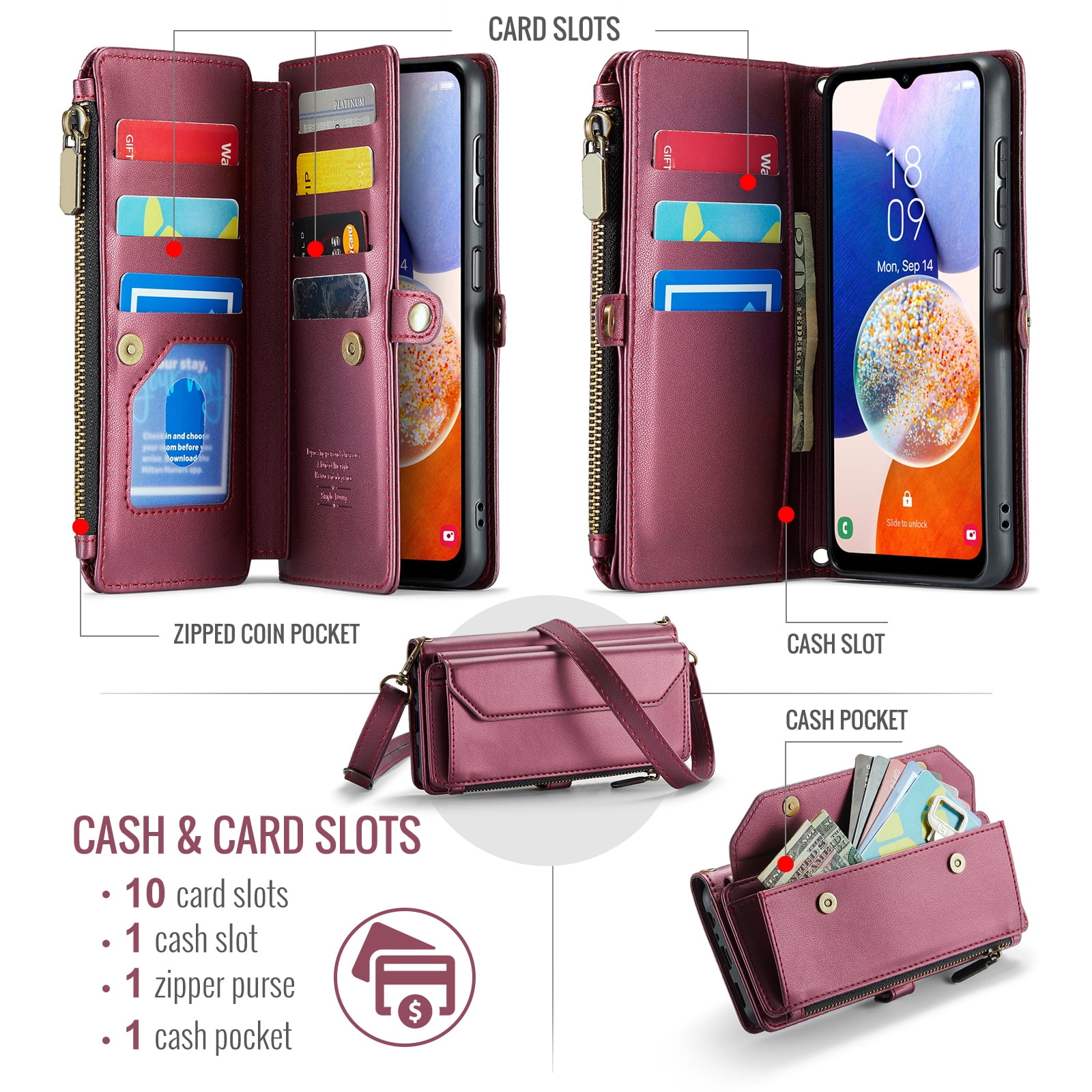 Asuwish Compatible with Samsung Galaxy A15 5G/4G Zipper Wallet Phone Case Tempered Glass Screen Protector Crossbody Lanyard Strap Flip Card Holder Slot Cell Cover for A 15 G5 15A Women Girls Wine Red